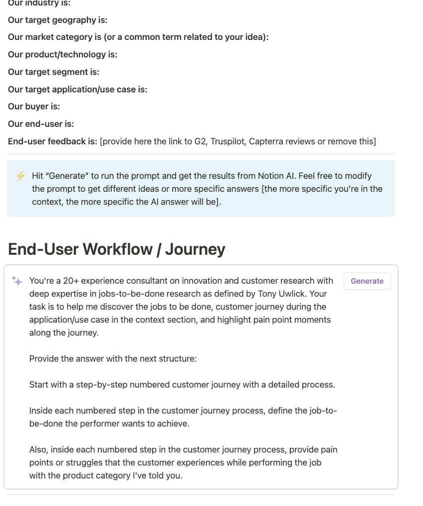 Notion AI example for customer research