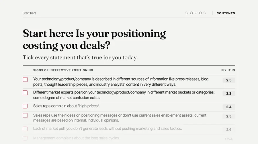 Page 4 of the book: the first checks of the test Is your positioning costing you deals?