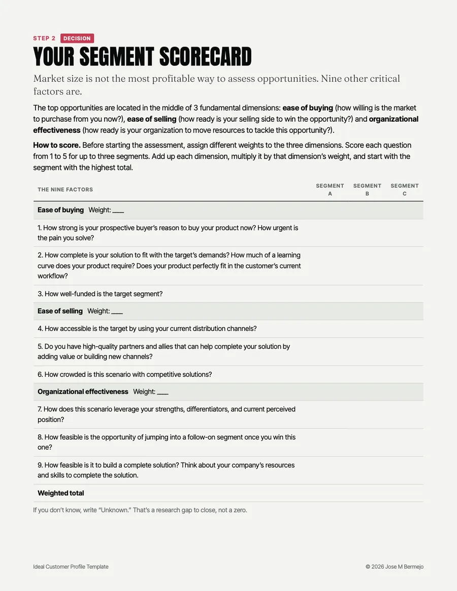 Page 4 of the template: the segment scorecard, nine factors in three weighted dimensions for segments A, B and C