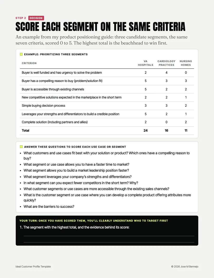 Page 5 of the template: three segments scored on seven criteria, with totals 24, 16 and 11