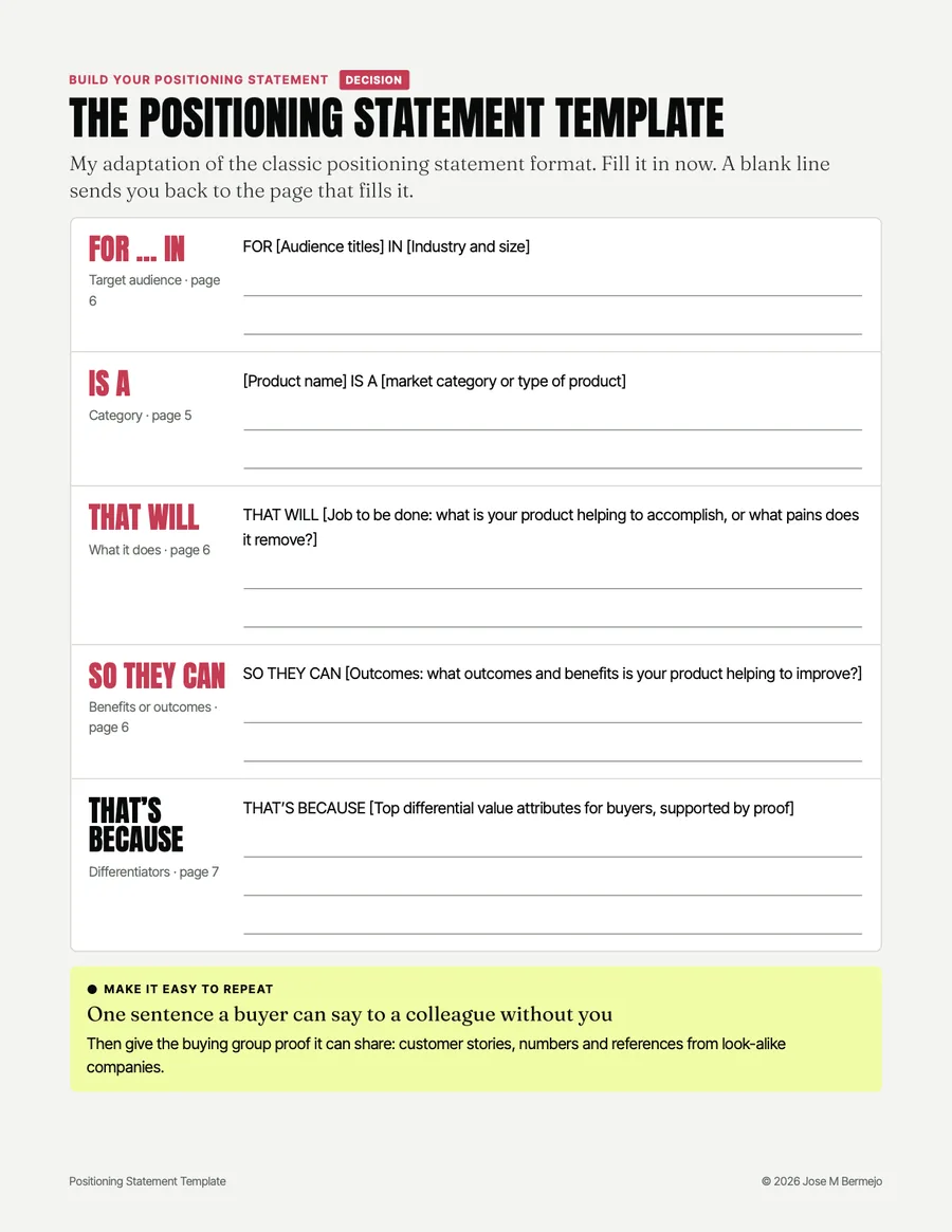Page 9 of the template: the five-line positioning statement template to fill in